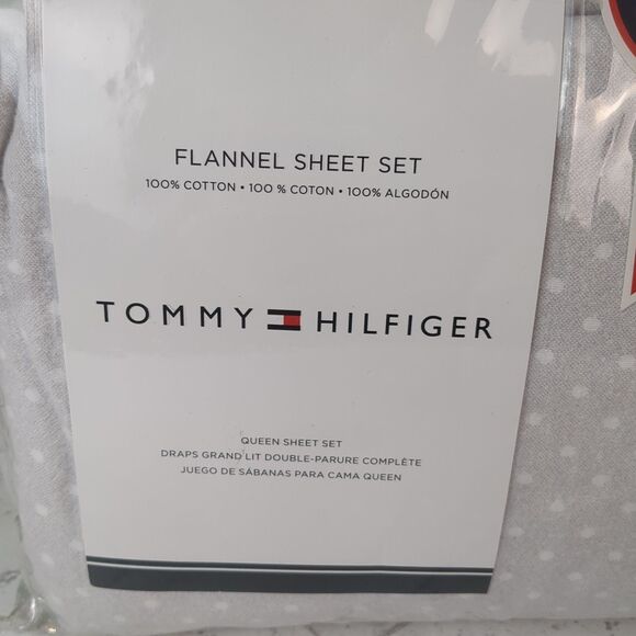 Tommy Hilfiger Flannel Sheet Set Queen Light Gray Polka Dot 100% Cotton - Picture 5 of 8